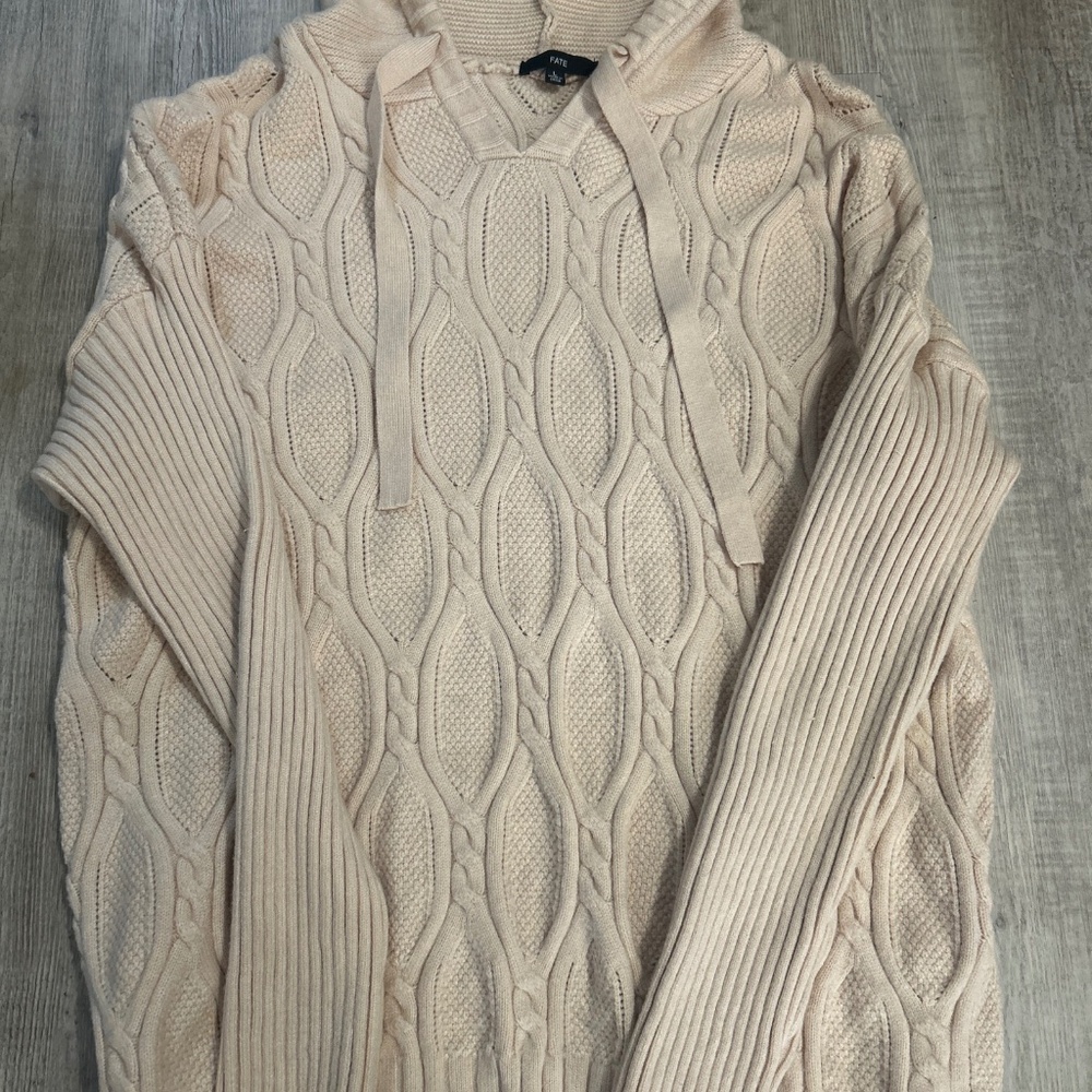Fate Sweater Womens Large Tan Hooded Pullover Cable Knit Triblend V Neck